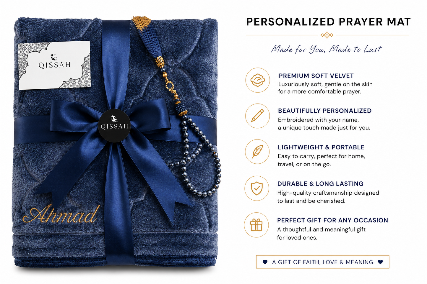 QISSAH Ocean Blue Velvet Personalized Prayer Mat