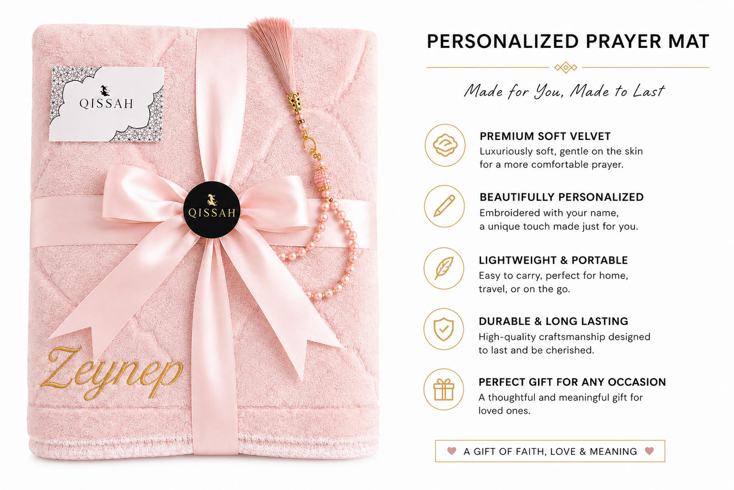 QISSAH Light Pink Velvet Personalized Prayer Mat