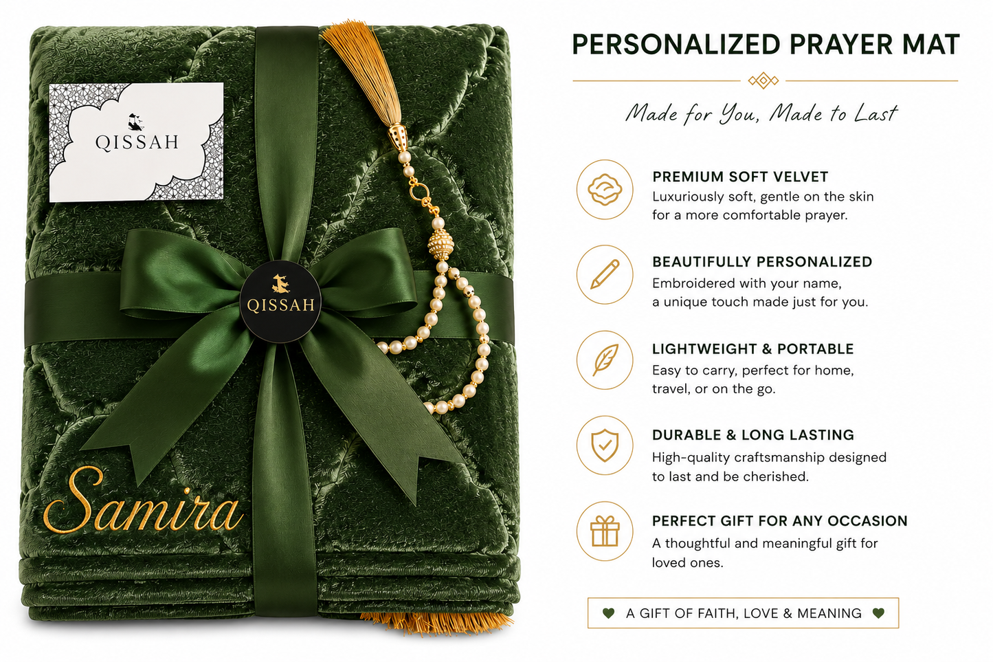 QISSAH Green Velvet Personalized Prayer Mat