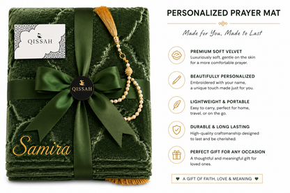 QISSAH Green Velvet Personalized Prayer Mat