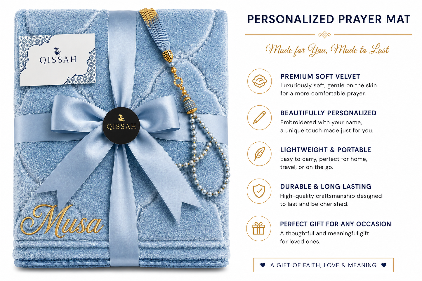 QISSAH Light Blue Velvet Personalized Prayer Mat