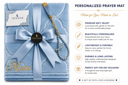 QISSAH Light Blue Velvet Personalized Prayer Mat