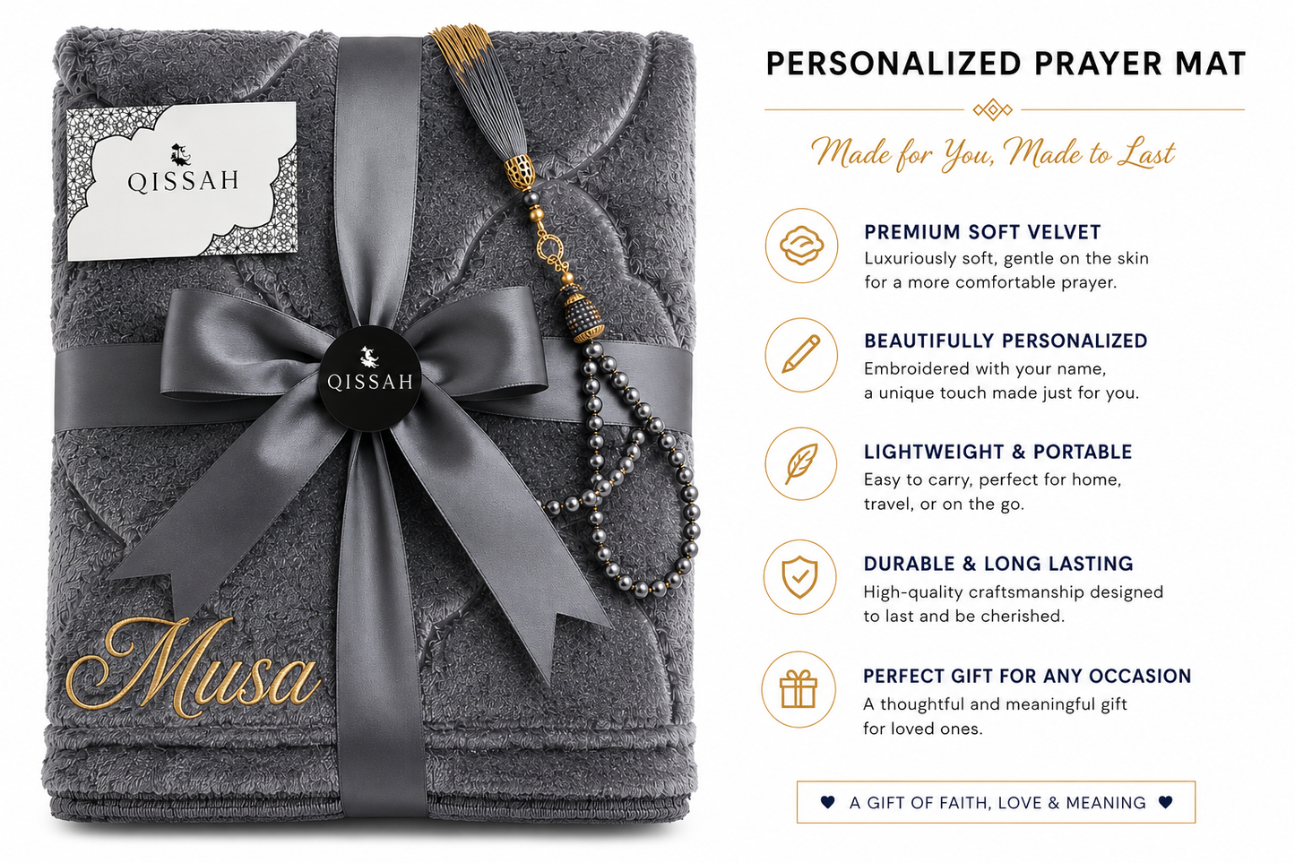 QISSAH Grey Velvet Personalized Prayer Mat