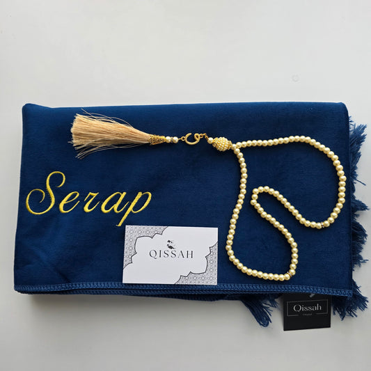 QISSAH Personalized Velvet Prayer Mat - Midnight Blue