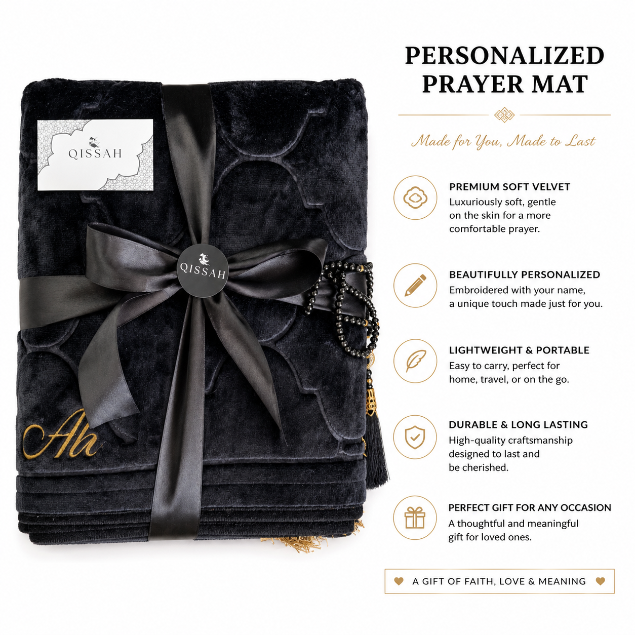 QISSAH Black Velvet Personalized Prayer Mat
